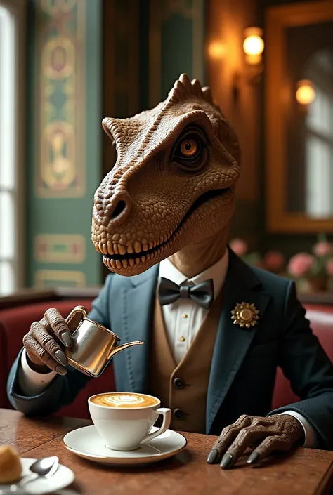 Dinosaur in a bow tie、A dinosaur elegantly brewing coffee in a classical cafe
