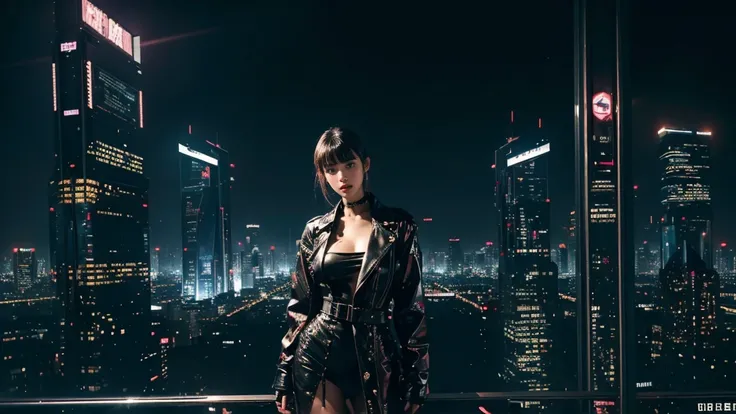 Living in a decadent world of the near future、、Cyberpunk Fashion、blade runner worldview、Asian Skyscrapers、（（it&#39;s raining）、fog、（Realistic depiction）、Beautiful woman looking up at the sky from the ground