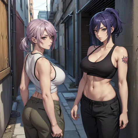 Illustration, Anime Style, Smoking in the back alley, woman, Side shot, Tank top, Tattoo on arm, Chino pants、Waist shoes、Boxer briefs are visible at the waist,
