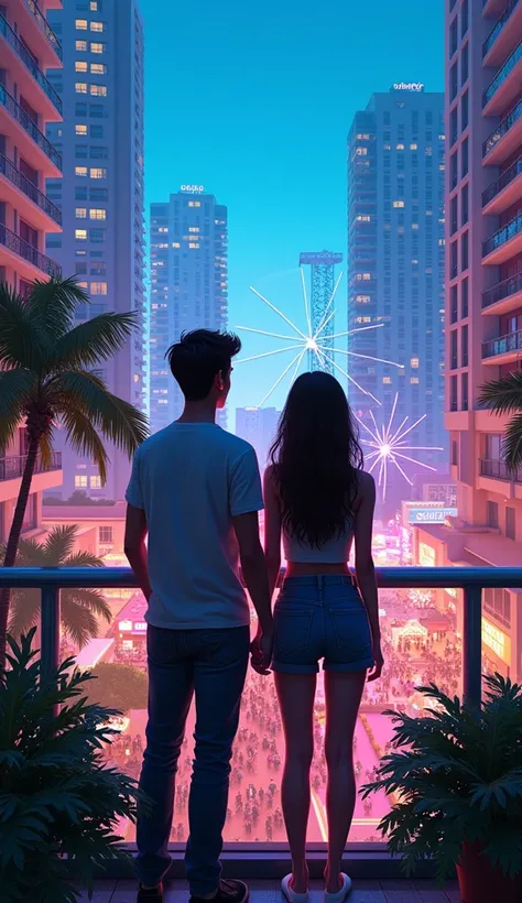 a young teen couple looking at the Miami Bayside market from the a balcony of a tallest among all the skyscrapers overlooking, with bright blue sky  , neon lights, miami vice vibes, , Ferris wheel at far away