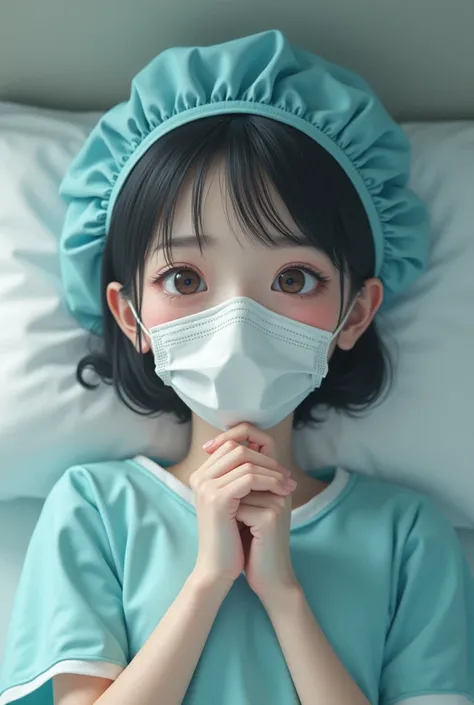 cute japanese girl wearing surgical mask, surgical cap and patient gown on bed, coughing. Photorealism