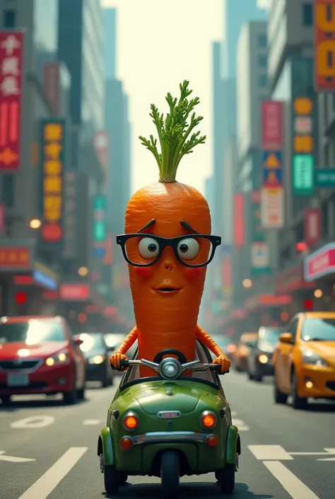 A vegetable wearing glasses driving in a chaotic city 