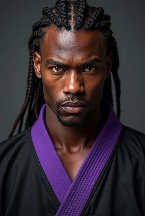 African American brother in his late 20s, built physique, multicolored eyes, serious expression, dark brown hair braided with sides of his head clean shaven wearing a weighted fighting gi in the colors of black, purple and silver 