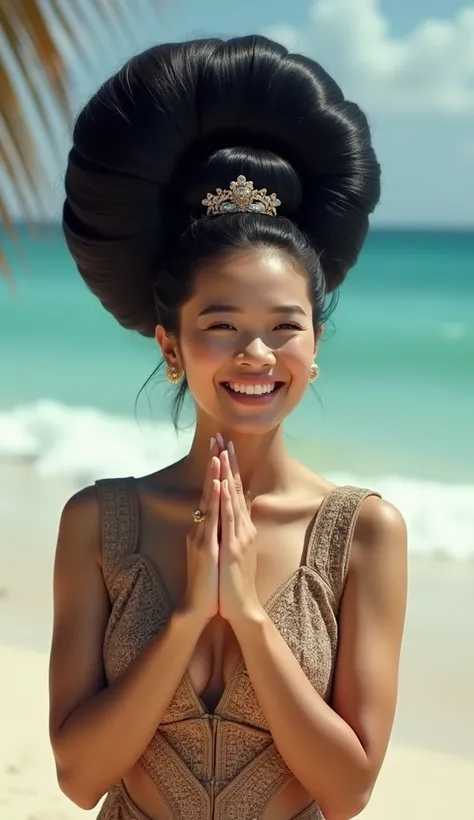   Asian beautiful woman,((full body shot)),from head to toe,with a very big hair bun, the size of her bun is 6 times the size of her head,very big very big hair bun traditional Javanese hair bun,circle bun,shiny black hair,using a hairpin,wearing tradition...