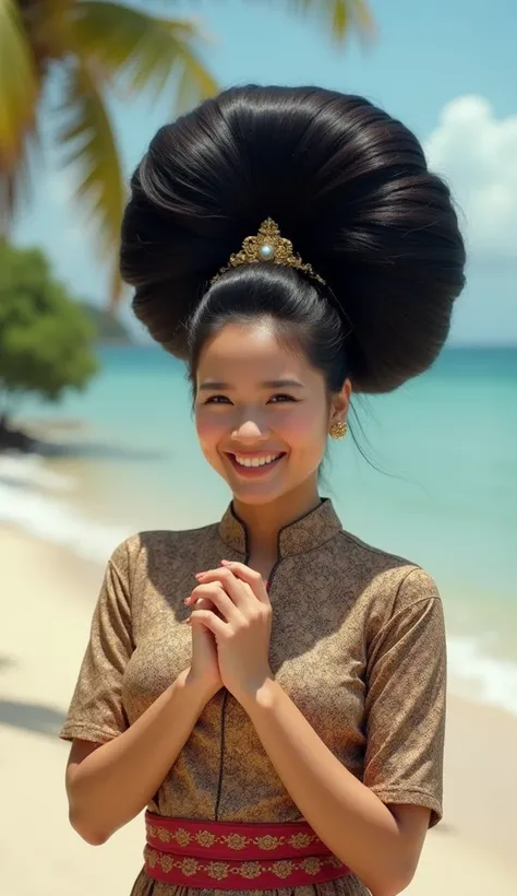   Asian beautiful woman,((full body shot)),from head to toe,with a very big hair bun, the size of her bun is 6 times the size of her head,very big very big hair bun traditional Javanese hair bun,circle bun,shiny black hair,using a hairpin,wearing tradition...