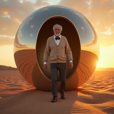 a kindly looking old man, cardigan sweater, bow tie, dark pants, brown shoes, stepping out of a mirrored sphere of massive size resting on the desert floor at sunset, photo realistic