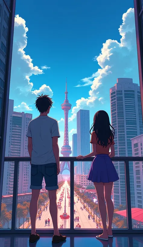 a young anime teen couple looking at the Miami Bayside market from the a balcony of a tallest among all the skyscrapers overlooking, with bright blue sky , neon lights, miami vice vibes, , Ferris wheel at far away