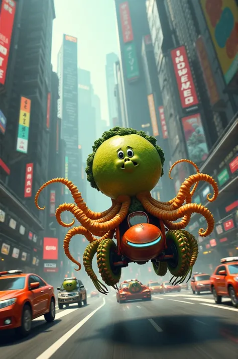 A vegetable squid driving very fast in a chaotic city 
