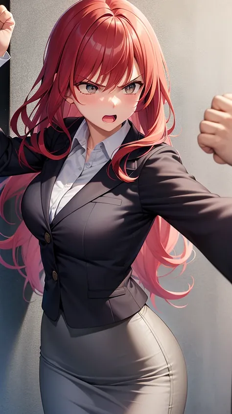 masterpiece, best quality, high detail, beautiful angry business woman punching wall, solo focus, long wavy hair, red hair, (gray blazer), (gray midi pencil skirt), long gray skirt, wide hips, office building, action pose, dynamic pose, 