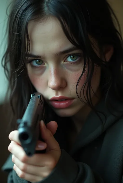 (((ultra realistic))) Photo, masterpiece, top quality, (pale skin), (Ultra detailed face and eyes:1.3), Young girl, ((John Wick guns poster reference)), (((dicks around instead of guns))), cum covered