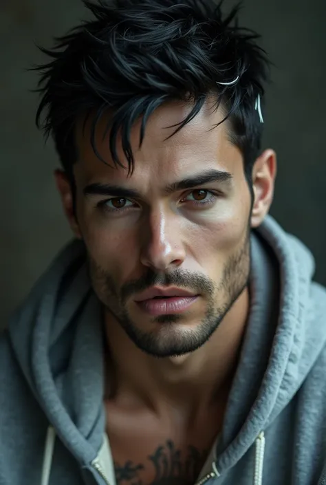 A close up of a tall young muscular man, short wavy yet spiky messy hair, hair color black with a bunch of white streaks, with toned skin, wearing a Grey hoodie, (gothic style:1.2) . mysterious, haunting, dramatic, (minimal, ornate), aesthetic, eerily beau...