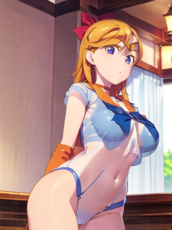 1 Girl, A light smile, Shiny skin, Highest quality, Tabletop, (Game CG:1.4), Browsing Caution, Beautiful face and eyes in every detail,Big Breasts、Small see-through lingerie, Sailor Venus, I felt the fight, strict, Cowboy Shot、Big and ample breasts、Full mo...