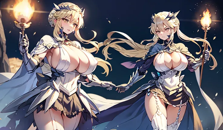 Blonde busty beauty，，cleavage，white knight armor，crown，blue tights，long skirt，Bare Legs，Standing，castle，Jifa style, 