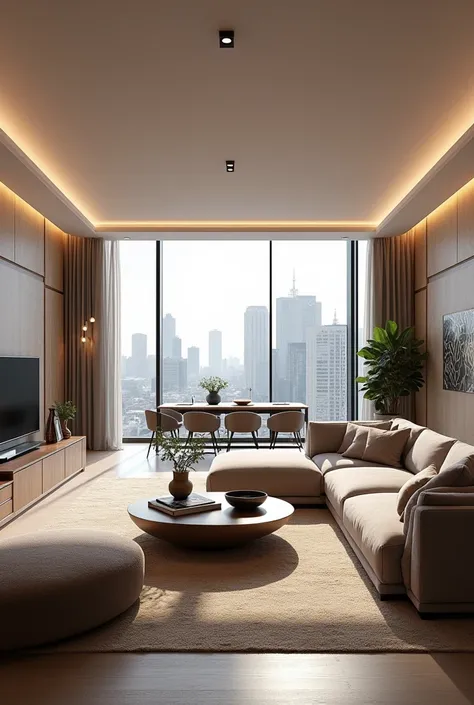 Interior desing , modern living room in 150 m2 apartment  , ultra realisitic , 4K , High-resolution rendering 