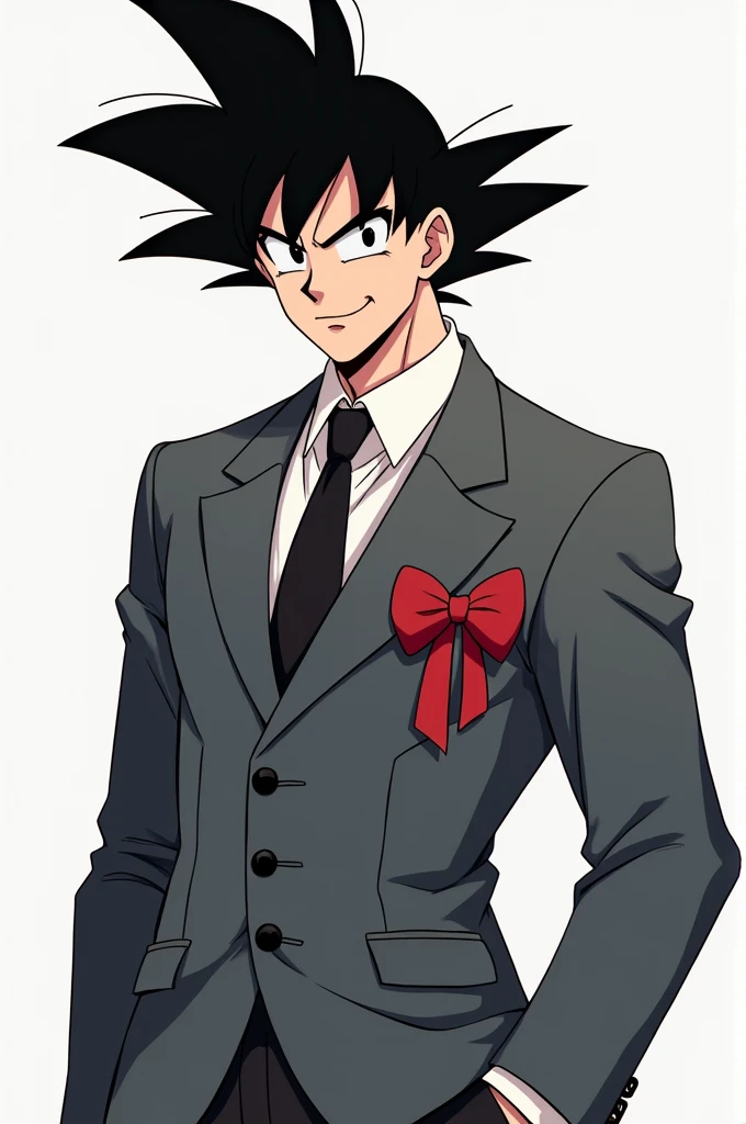 Goku in a gray suit and a red ribbon and has a smile