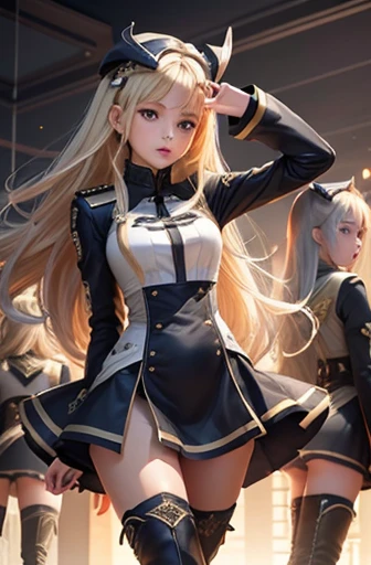 ((４people))、(Full of girls、beautiful girl、uniform )、(masterpiece)、Highest quality:1.2、(Thigh-high boots、Knee-high boots、Decoration)、Thigh-high boots学院、Blonde、Gray Hair、Flashy hair、