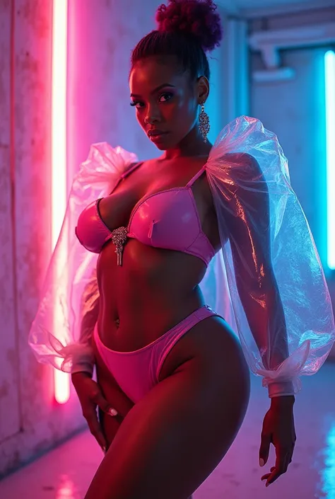 objective: (), neon orange, HyperAss Women, Milf, small , Big Ass, Sexy, Hot, short hair, very short (rococo) hair, Short clothes. with lots of bio-translucent violet and yellow inflatable parts and and puffy sleeves, Dua Lipa as Megan thee Stallion as Vix...