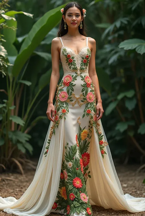 Dress for a beauty pageant in which flora and fauna are represented, traditions and customs
