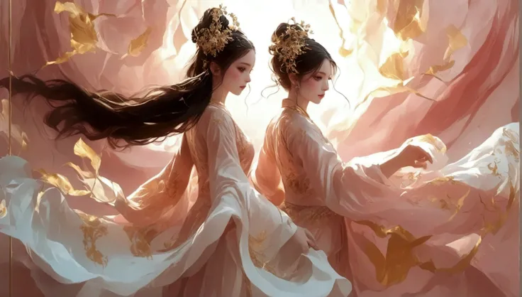 The whole picture is golden pink；All content is gold pink；one，Solitary；dance；[Plain long dress，Light pink and white gradient，Traditional style，The skirt has no pattern]；The skirt blends in with the background；Composition：The character is slightly smaller o...