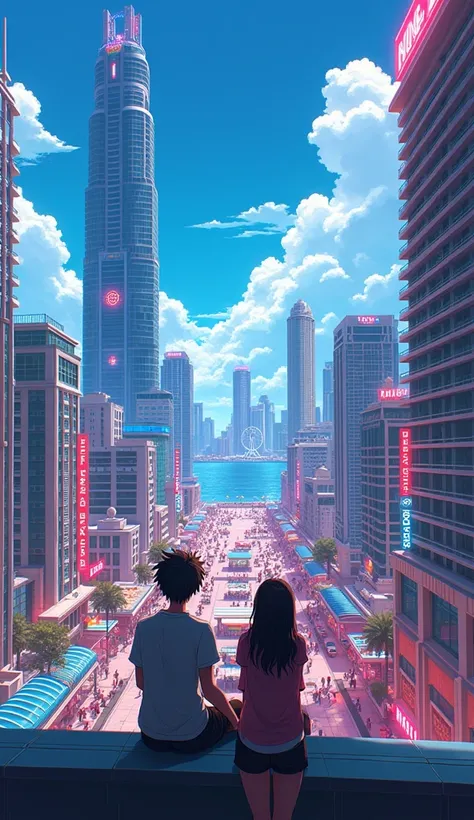 a young anime teen couple looking at the Miami Bayside market from the a balcony of a tallest among all the skyscrapers overlooking city , with bright blue sky , neon lights, miami vice vibes, , Ferris wheel at far away(wide angel view)