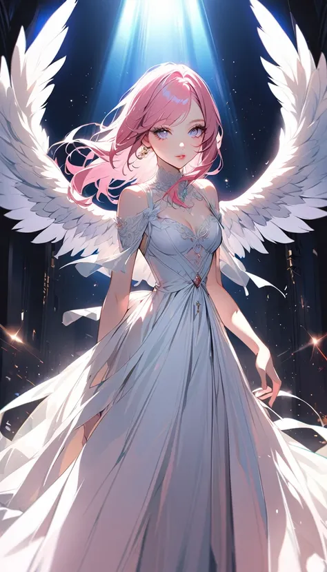 1woman, solo, pink hair, gray eyes, detailed eyes, eyelashes, light lips, 25years old, angel, Angel Wings, full dress, Film Lighting