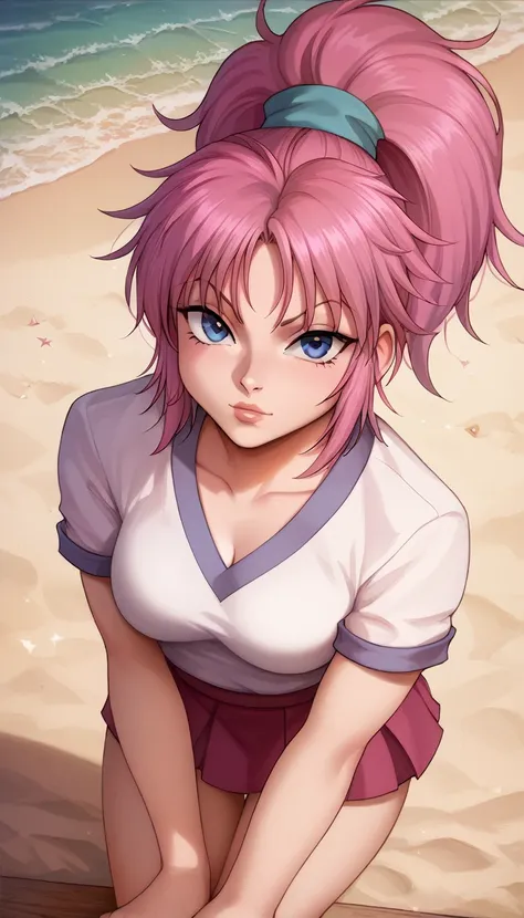 score_9, score_8_up, score_7_up, detailed eyes, beautiful, detailed background, face focus, masterpiece, best quality, looking at viewer, machi01, blue eyes, ponytail, pink hair, purple hair,ponytail, hot mini skirt, hourglass figure, perfect body, tits, f...