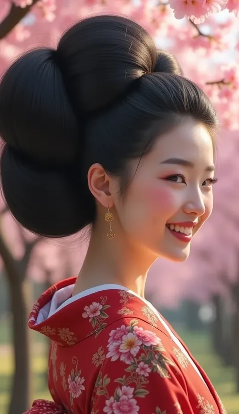   Masterpiece, Best Quality, High Resolution, High Details, Super Detailed, High Quality, Textured Skin, UHD, beautiful Japanese woman,((full body shot)),from head to toe,with a very big hair bun, the size of her bun is 8 times the size of her head,very bi...