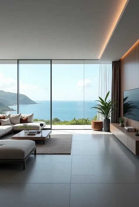 Interior desing , modern and minimalist living room in a 200 m2 residence  , on the coast of Brazil , gray porcelain floor , glass frame , ultra realisitic , 4K , High-resolution rendering 