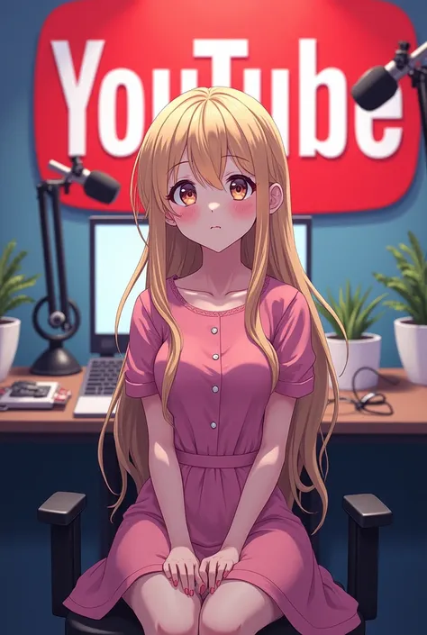 Create a image of  A 1 anime girl, having blonde hairs, and pale skin, face infront of camera sitting in front of a computer desk with a microphone and laptop wearing pink dress, and the background includes a large youtube logo on the wall, potted plants o...