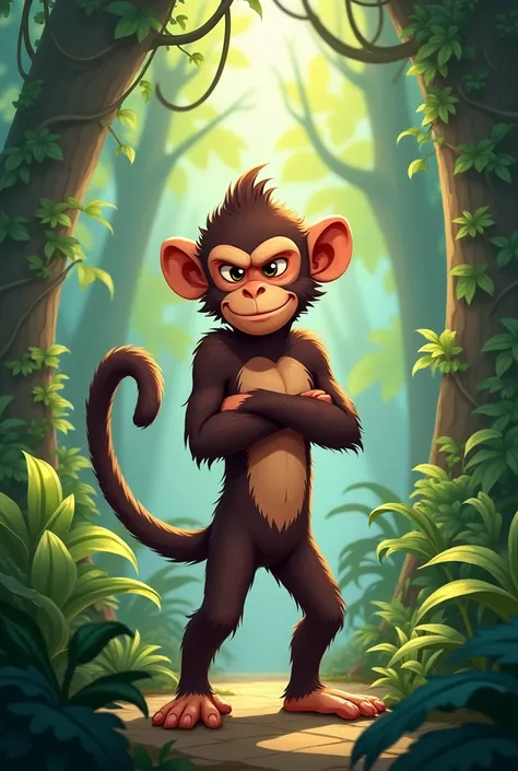 Detailed picture of a male anthro, (youth monkey, chocolate brown, long tai, tall), standing on the middle of the jungle, trending on Art Station, Ross Tran, ruan jia, foxovh, ((determined expression, cheeky, cross his arms, (((dynamic lighting,))), cartoo...