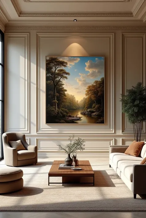 Beautiful classic design full size living room, and wall paper design with beautiful painting art square size 