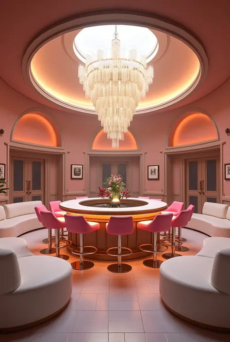 a cozy bar with a distinctive domed ceiling and a circular counter with bar chairs in pink color, and a set of sofa of white color with tables and a long big chandelier 