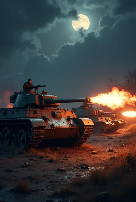 Amidst the darkness of the night, a mesmerizing scene unfolds - a row of tanks lined up in formation, their barrels ablaze with fiery muzzle flashes. Each tank appears robust and battle-worn, their metallic bodies glistening under the moonlight. The image,...