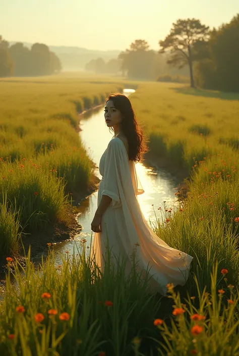 Aerial Photography，Big scene，Full length portrait of a lovely woman in a bright windy field,She stands far away， river, (Backlight), Practical, masterpiece, best quality, lens flare, In the shade, bloom, [[Chromatic Aberration]], author：Jeremy Lipking, aut...