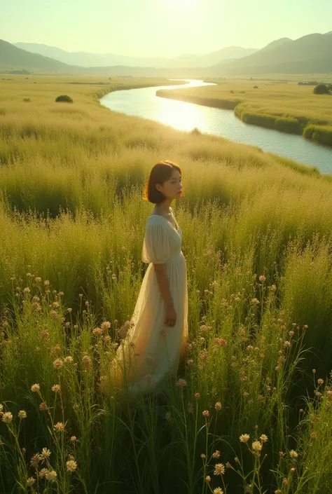 Aerial Photography，Big scene，Full length portrait of a lovely woman in a bright windy field,She stands far away， river, (Backlight), Practical, masterpiece, best quality, lens flare, In the shade, bloom, [[Chromatic Aberration]], author：Jeremy Lipking, aut...