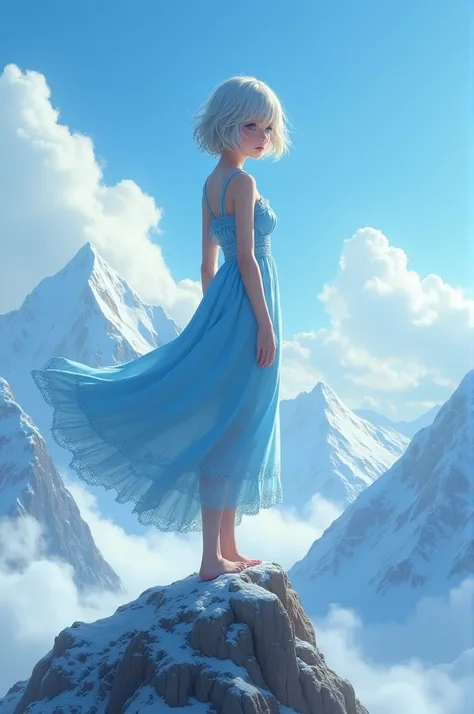 A girl in long dress dress color sky blue her blue eyes and short hair she stands on mountain