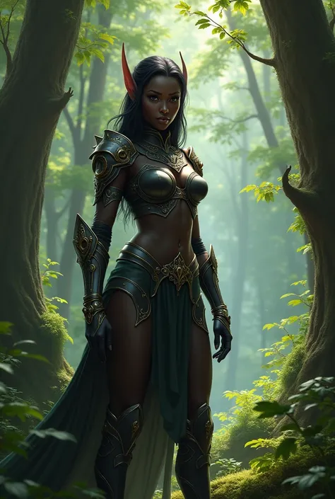 tall elf woman, big breasts, black skin color, pose, crouching in the middle of the forest wearing armor