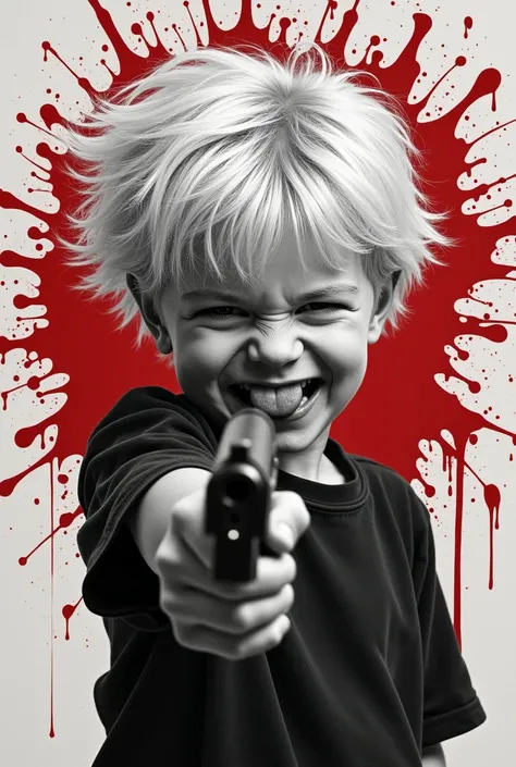 (highly detailed)(painting)
Gun in hand aiming at head of character, black and white, old pop potrait, indie, tounge out showing expression, background covered with red drops of blood, happy , fun, crazy, smile, man, young  boy, white hair, hair flying, yo...