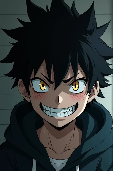 Anime  photo a boy is smiling evil and background is a gray wall