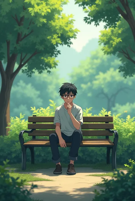 An anime guy sitting on a bench with glasses on 
