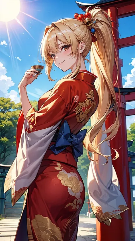 最high quality、Best image quality、masterpiece、Teenage Girls((r、Best Bust、Medium Bust,Tea that opened my chest wide、Golden Eyes, Blonde、ponytail、Oiran、Prostitute、Slender,Highest valley、Red kimono、Cute hair accessories、The best smile、Cool pose)),high quality、...