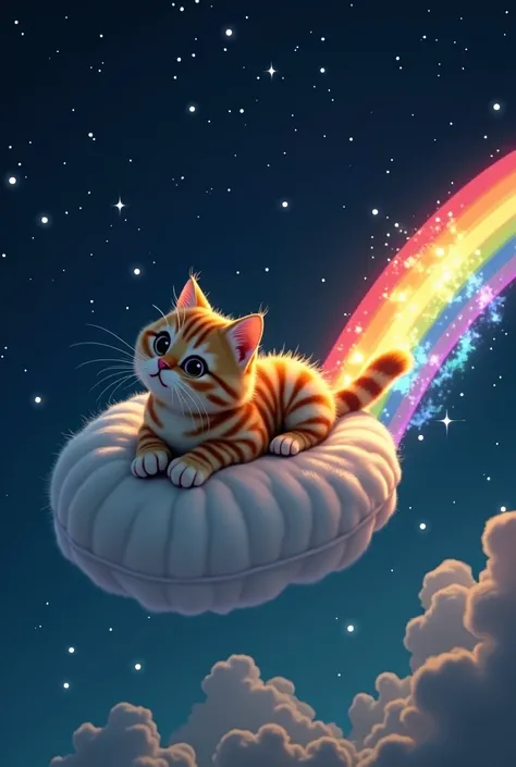 A cat flying with a pillow, and leaves a rainbow trail, you only see the stars