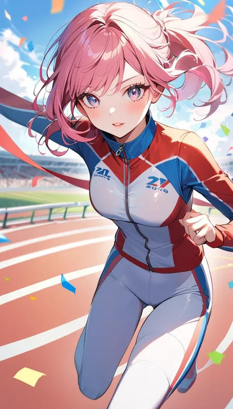 1woman, solo, pink hair, gray eyes, detailed eyes, eyelashes, light lips, 25years old, Wonderful moments, Sports suit, Marathon sprint, victory, First Place, Sprint finish line tape, Colorful confetti in the air