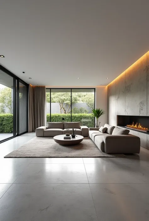 Interior desing , modern and minimalist living room in a 150 m2 residence  , in the northeast of Brazil , gray porcelain floor  , ultra realisitic , 4K , High-resolution rendering 