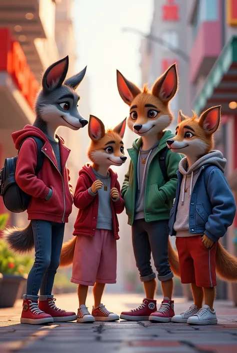 Four fashionably dressed teenage animals 3 males and 1 female animated playing