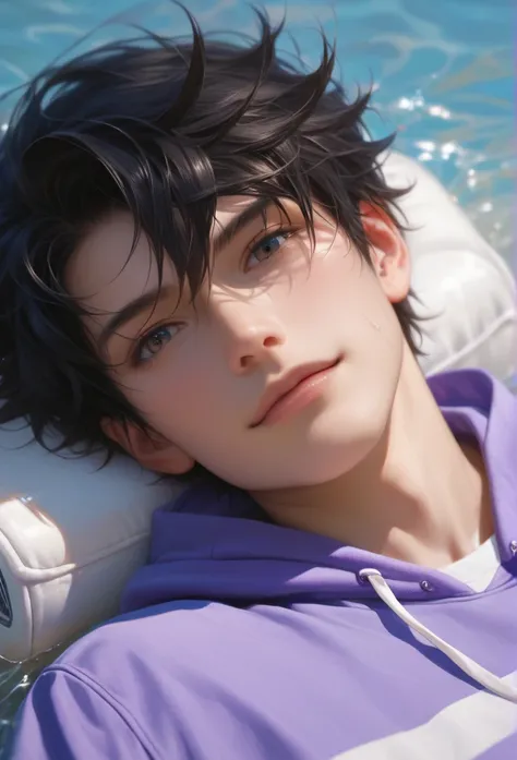 score_9, score_8_up, score_7_up, A hyper realistic ultra detailed photo of hansome man, fancy hair, ultrarealistic, cute,  body, perky boobs, perfecteyes, , upper body  , close up, portrait, looking at viewer, amusement  ,  laying on back  ,  casual outdoo...