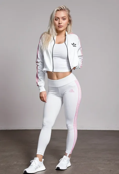 photo by full body. 1 young woman. Scandinavian beauty. clear eyes. blonde. shoulder length hair. Rosto angelical. medium breasts. Wearing white gym leggings. Adidas NMD sneakers in white and pink. Wear gaiters. She is braless, opening her jacket and showi...