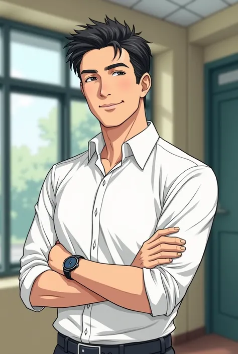 A male teacher of age 32 wearing a watch white shirt of normal apparenc acting as a side character of manga