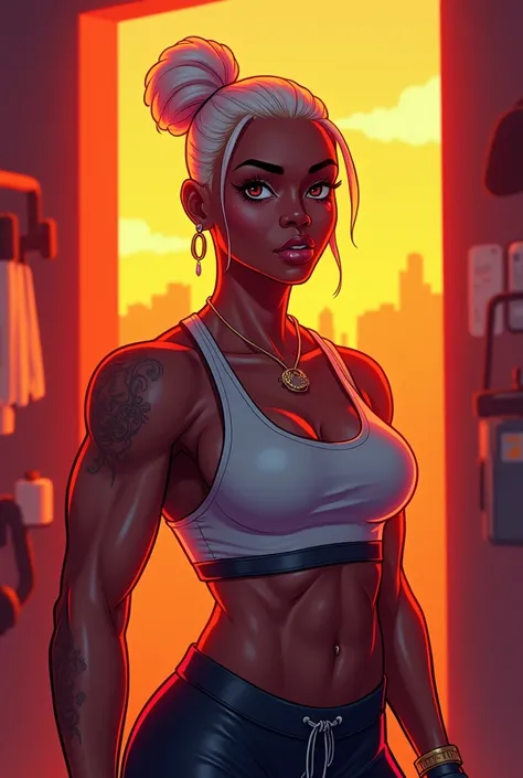 Red-orange Instagram art of a black fitness trainer in a shirt with short bleached hair and workout gear in the background