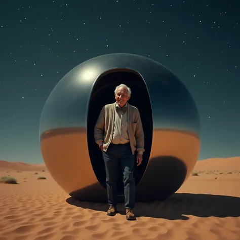 a kindly looking old man, cardigan sweater, bow tie, dark pants, brown shoes, stepping out of a smooth mirrored sphere of massive size resting on the desert floor at night, photo realistic